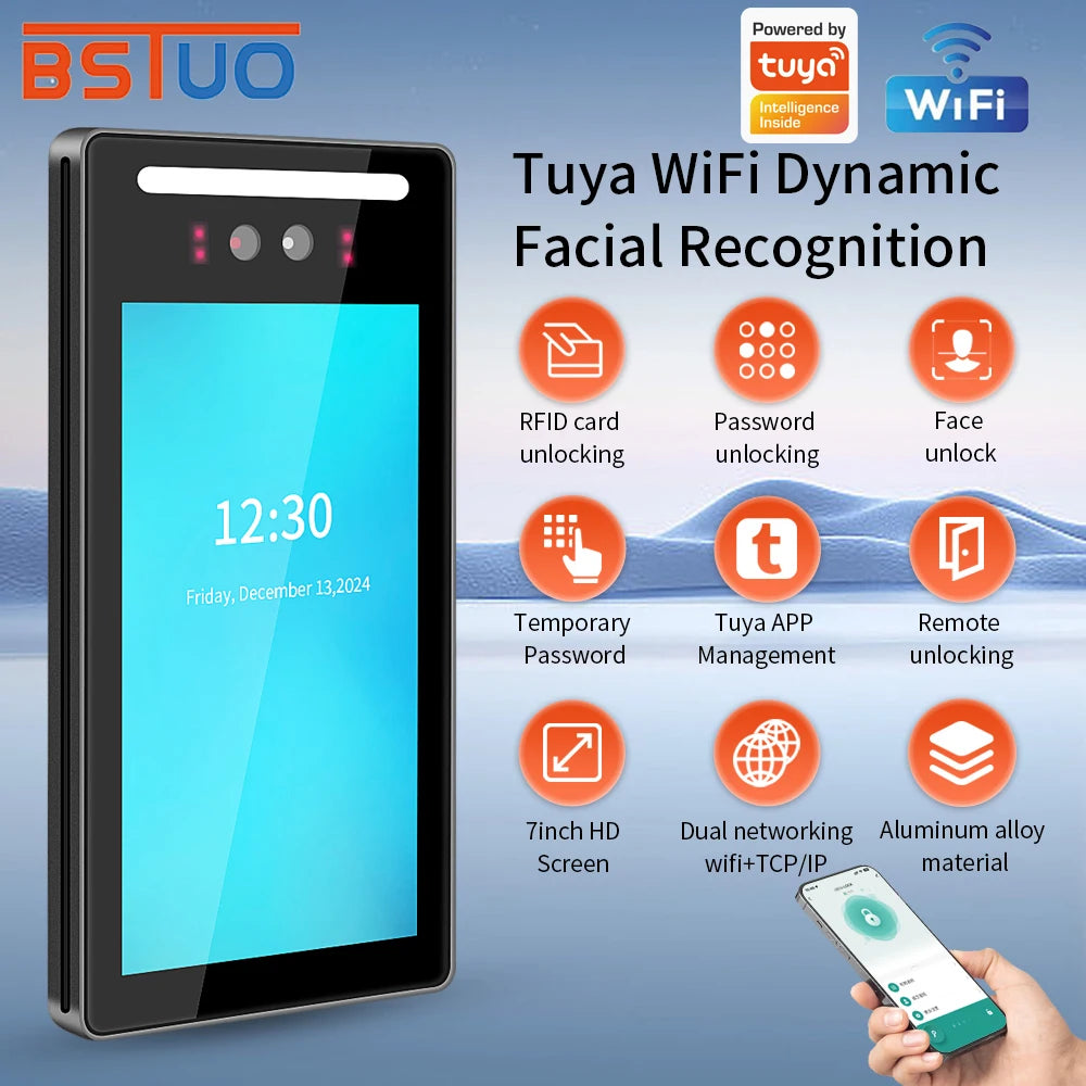 Support Tuya APP 7In Free Cloud API Touch Lcd 2MP Camera Biometric Face Recognition Wifi Password Access Control Time Attendance Vue