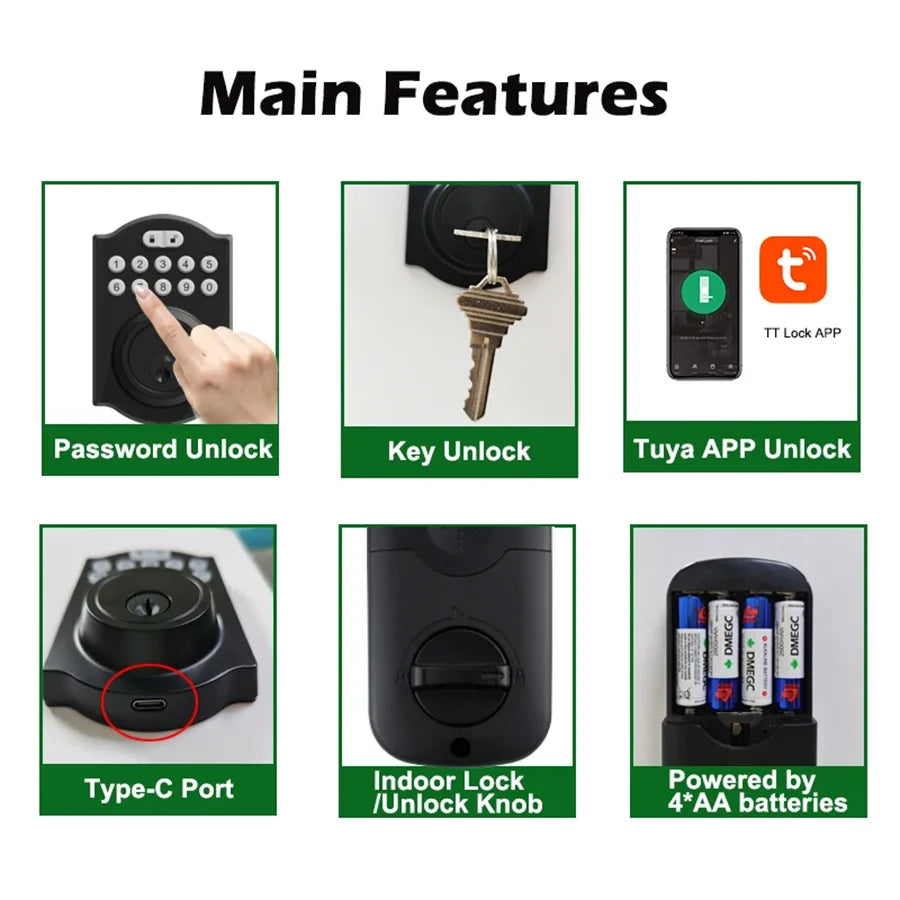 TYSH Smart Door Lock Tuya Keyless Entry Door Lock Anti-theft Security Digital Electronic Locks Door Vue