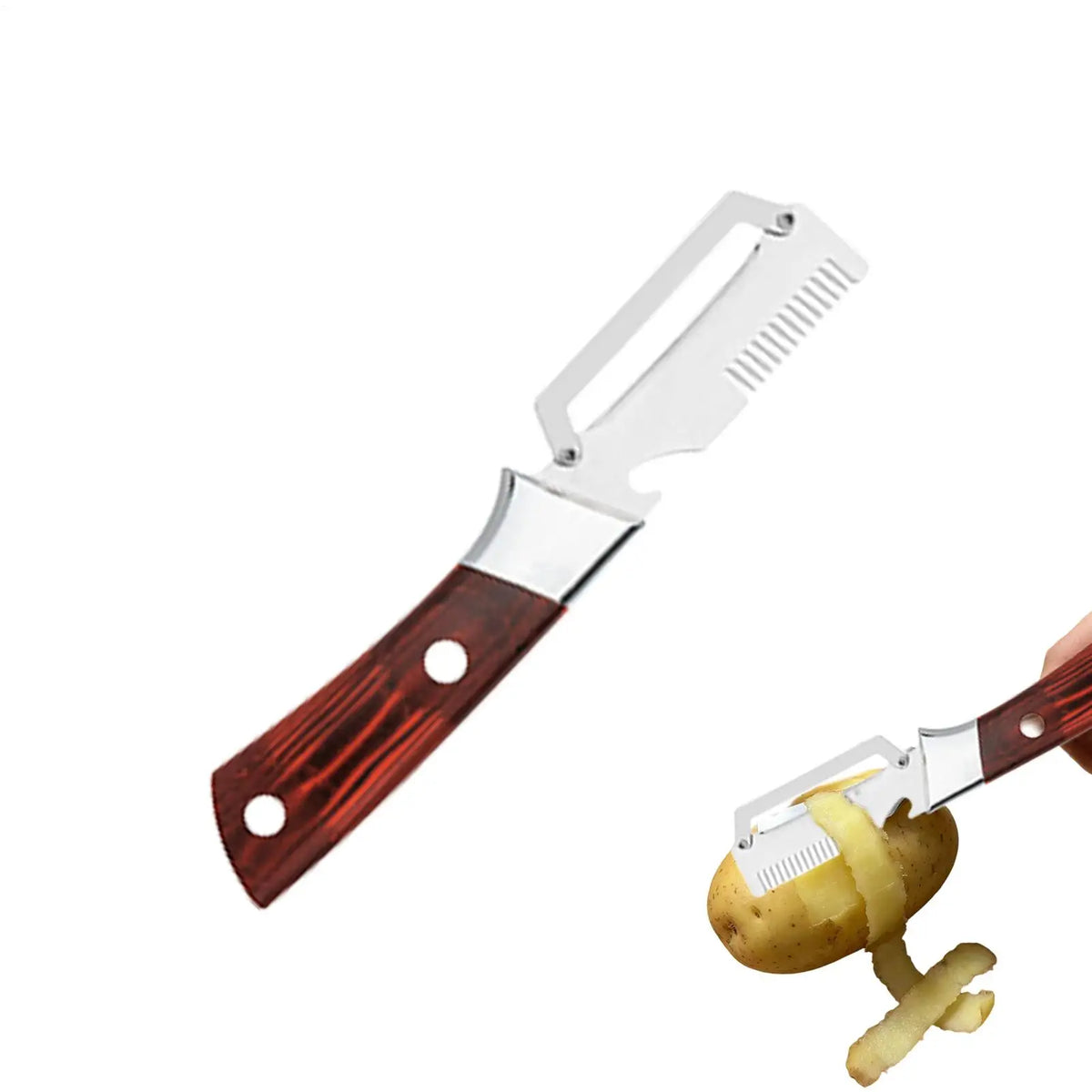 Stainless Steel Vegetable Peeler with Wooden Handle, Kitchen Slicer & Potato Peeler, Multifunctional Tool with Bottle Opener Vue