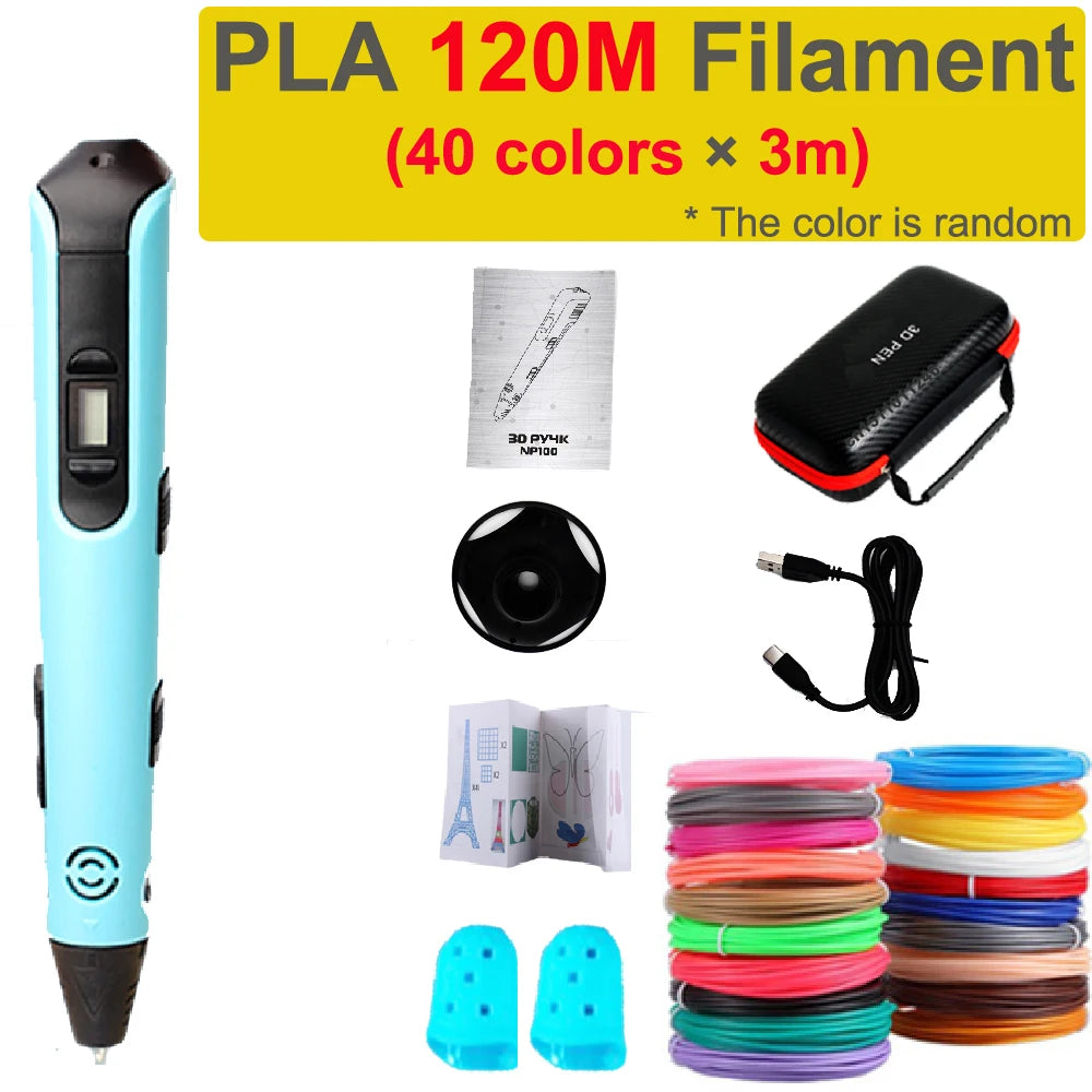 Electronic 3D Printing Pen Kids 1.75mm PLA Filament Graffiti Tool DIY Drawing 3D Pen Children Boys Girls Birthday Holidays Gift Vue Blue-120PLA