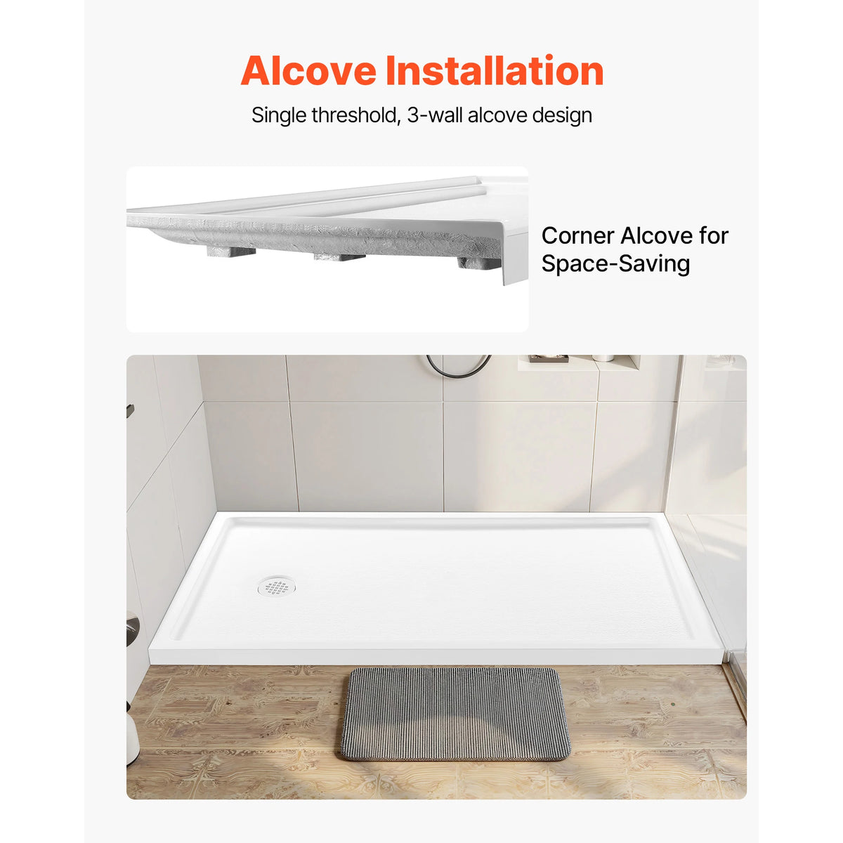 60"x36" Acrylic Shower Base Left Drain | Single Threshold White Acrylic Shower Base Vue