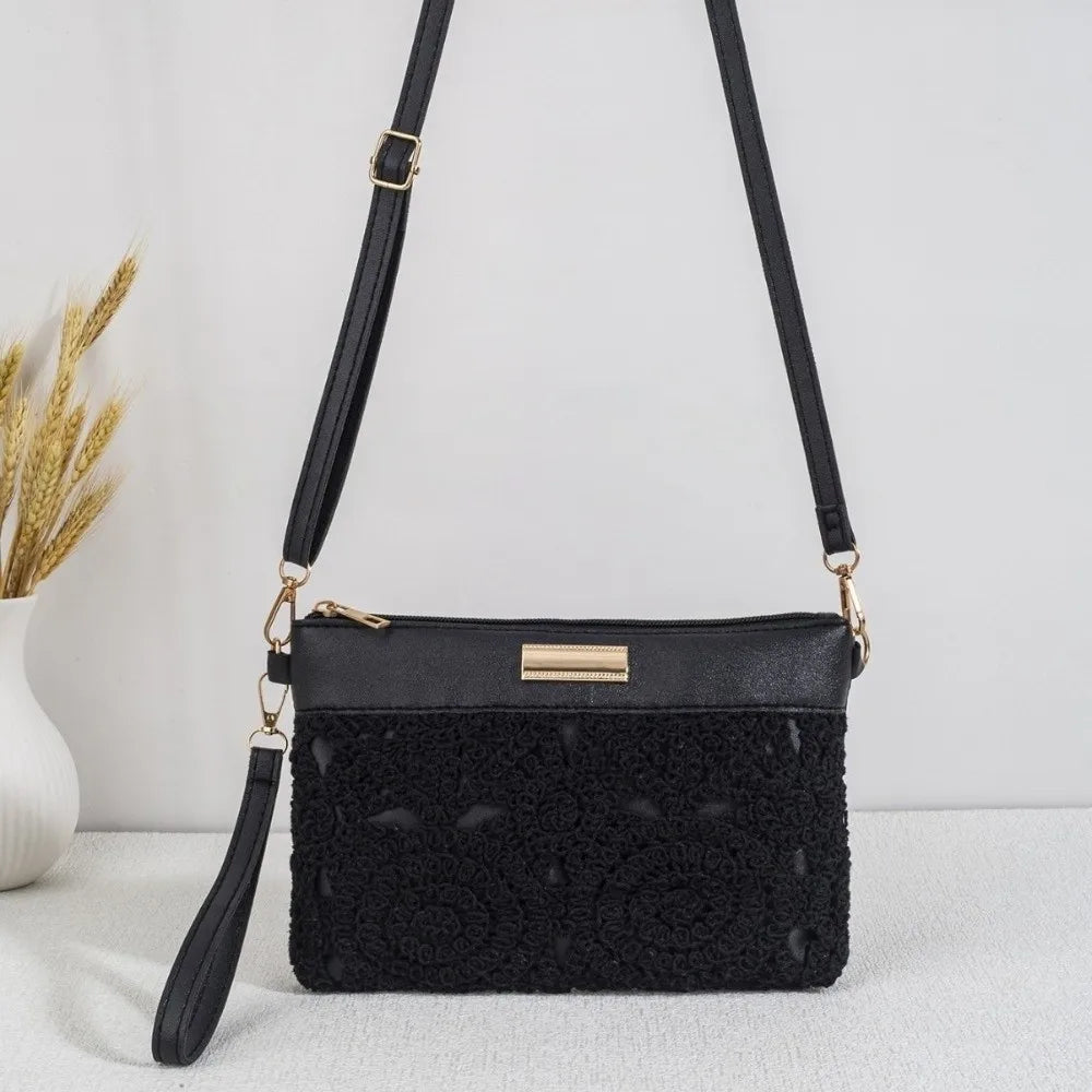 Bohemian Hollow Woven Bag Lace Decor PU Leather Summer Beach Zipper Vue