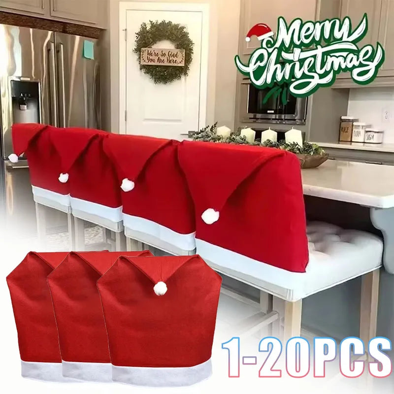 1-20PCS Red Christmas Chair Cover Non Woven Santa Hat Slipcover Washable Reusable for Dining Room Kitchen Holiday Party Decor Vue