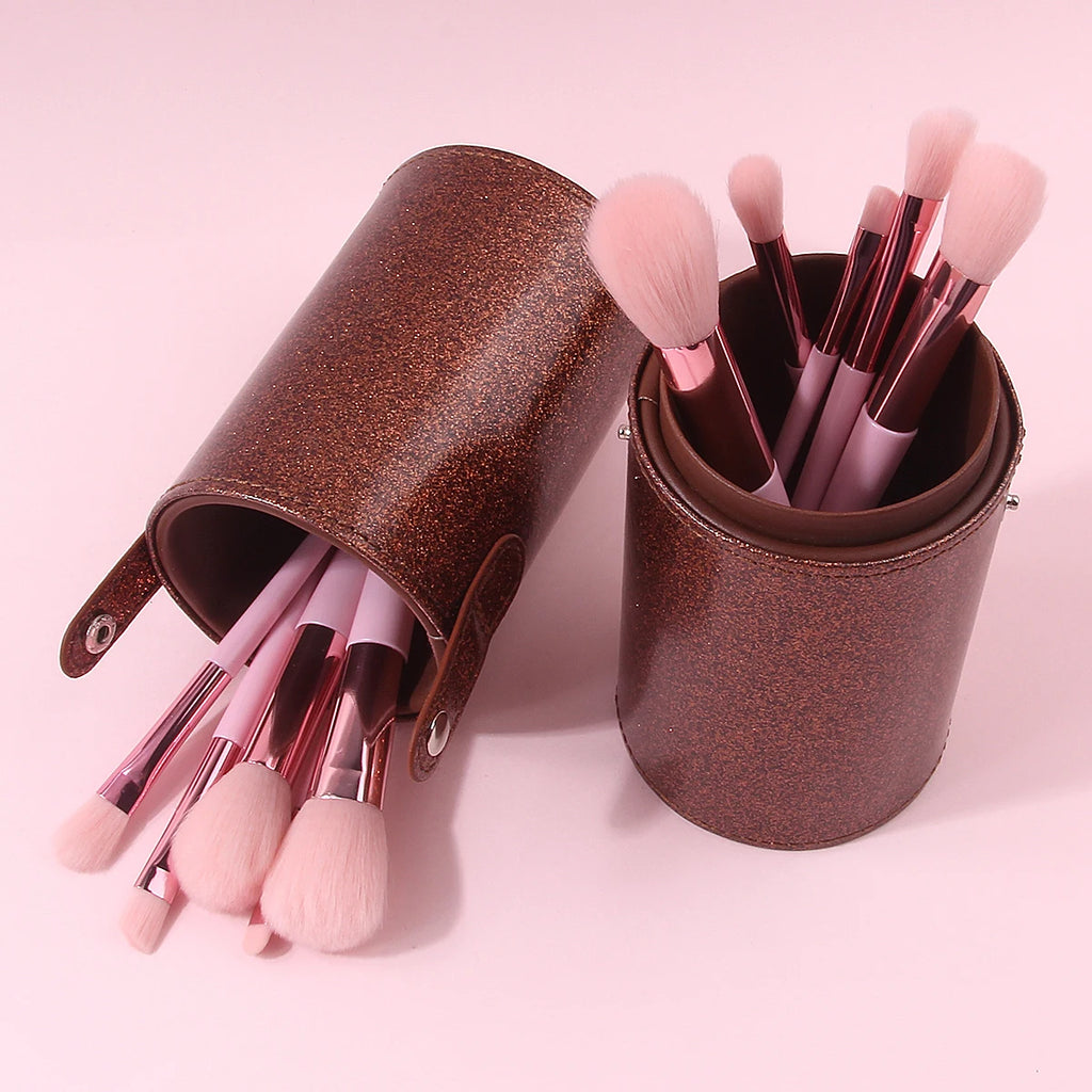 Dustproof Makeup Brush Holder,1PCS Glitter Brown PU Leather Cylinder Snap-Button Storage Bucket Free Shipping Portable Cosmetic Vue