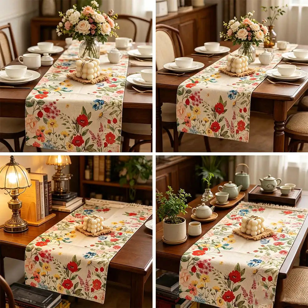 Table Flag Flower Printed Linen Table Runner Purple Lavender Vintage Table Cover Reusable 183CM Tablecloth Valentine's Day Vue