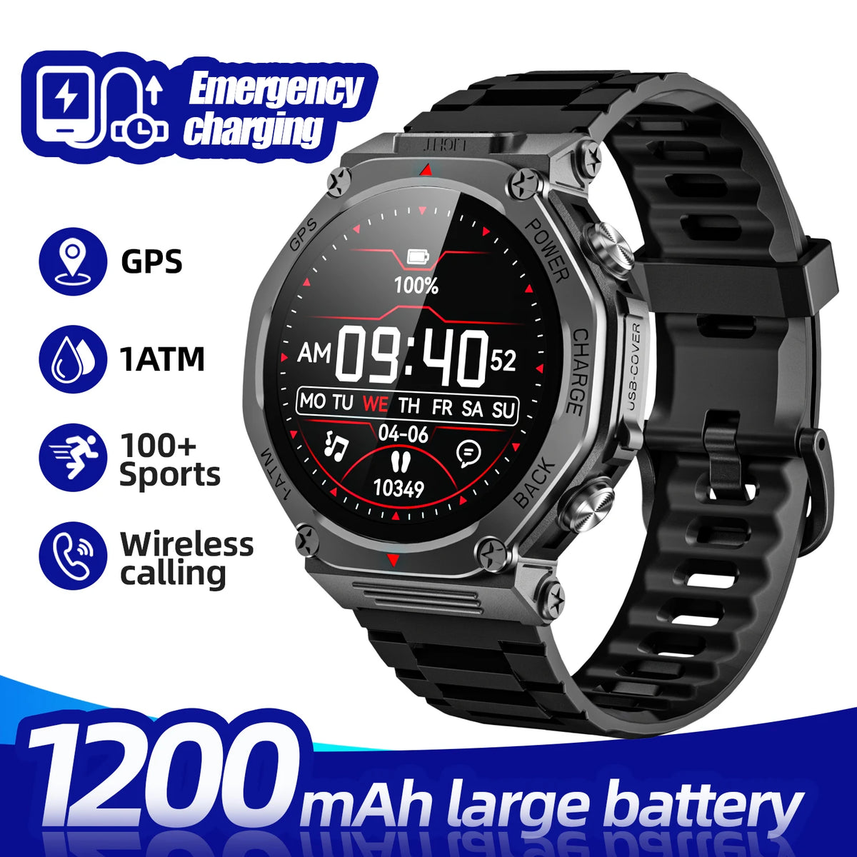 2025 New GPS Smartwatch for Android/IOS Voice Assistant 1200mAh Large Battery Wireless Call Strong Flashlight Sport Watch for Me Vue Black GPS Sport Watch