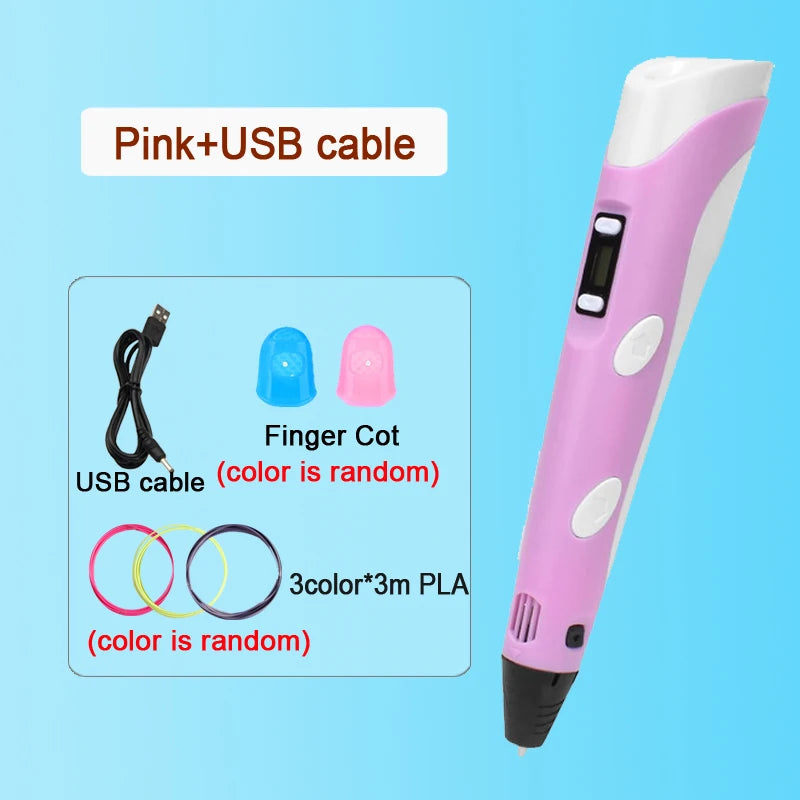 3D Pen Drawing Printing Pen With LCD Screen Compatible PLA Filament Toys Safe Paiting for Children DIY Christmas Birthday Gift Vue Pink-9M PLA