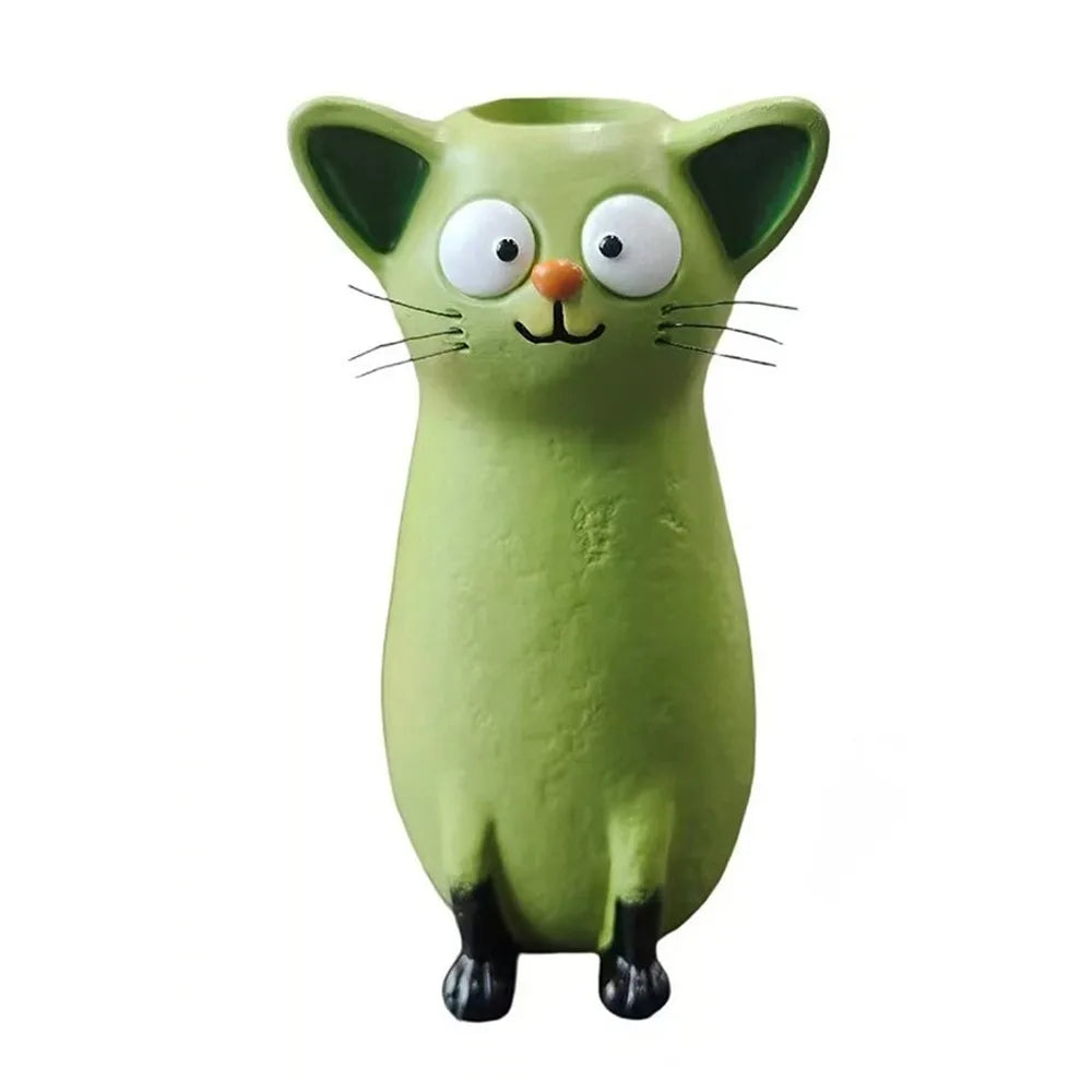 Unique Whimsical Cat Vases Handmade Resin Cat Shaped Flower Vase Aesthetic Animal Sculpture Quirky Cat Planter Gift for Lovers Vue Green