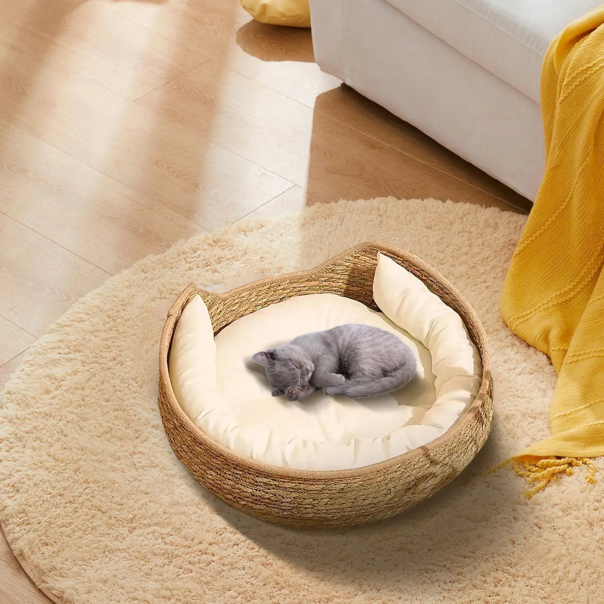 35x13cm Round Cotton Rope Cat Bed, All Season Woven Pet Sleeping Basket with Pillow, Comfortable Kitten Resting Nest for Home Vue