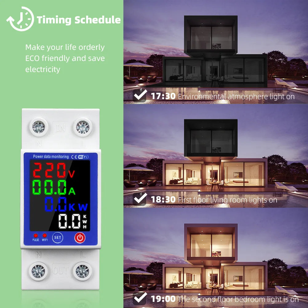 Tuya WiFi Smart Energy Meter Multifunction Leakage Protector Color Display Over Under Voltage Protector Prepaid Metering Breaker Vue