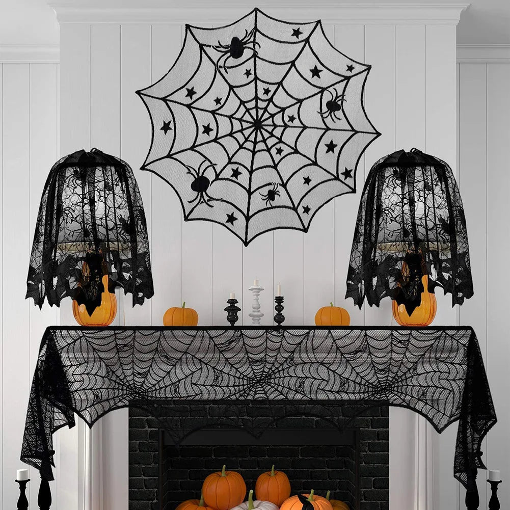 Spooky Black Lace Halloween Tablecloth Decorative Table Runner for Mantel Dining Table Ghost Party Home Indoor Decoration Prop Vue