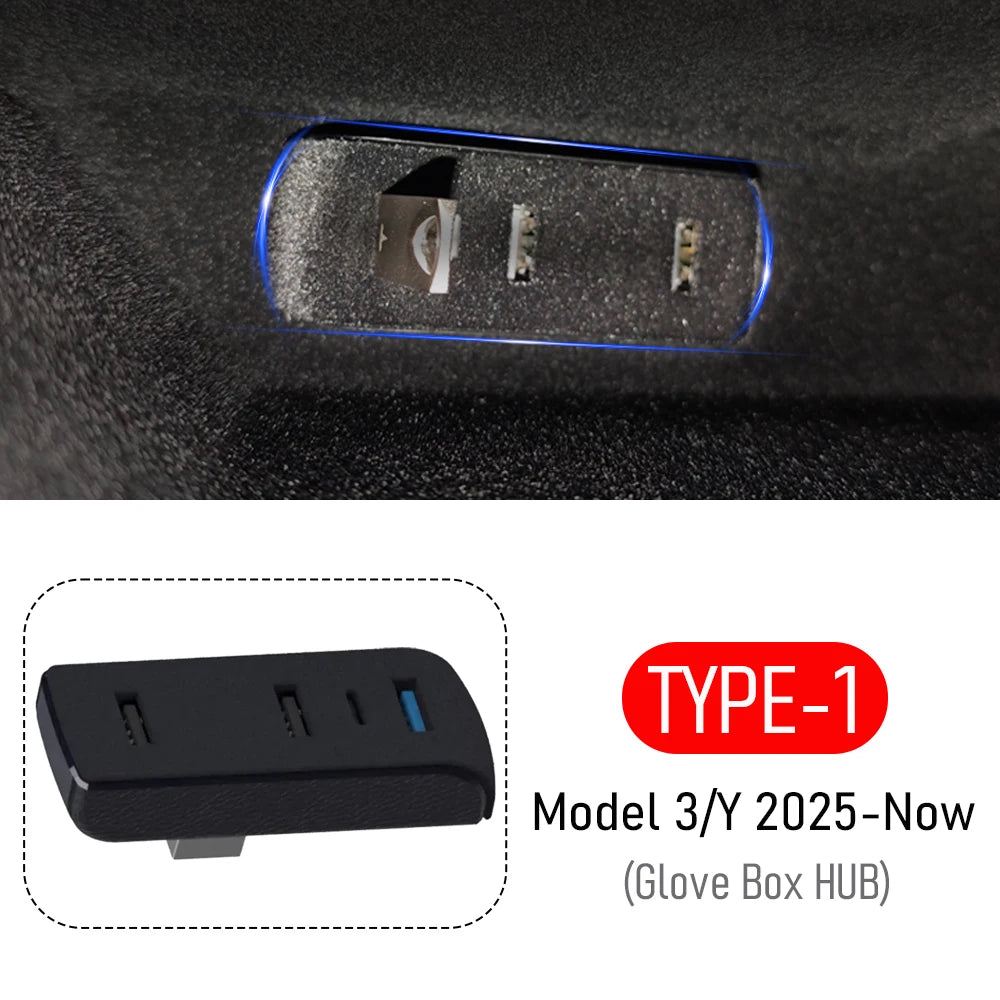 Glove Box Docking Station for Tesla Model 3 Y 3+ Y Juniper USB Hub Ports Car 4-in-1 USB Extender Charger Upgrade Data Transfer Vue TYPE-1