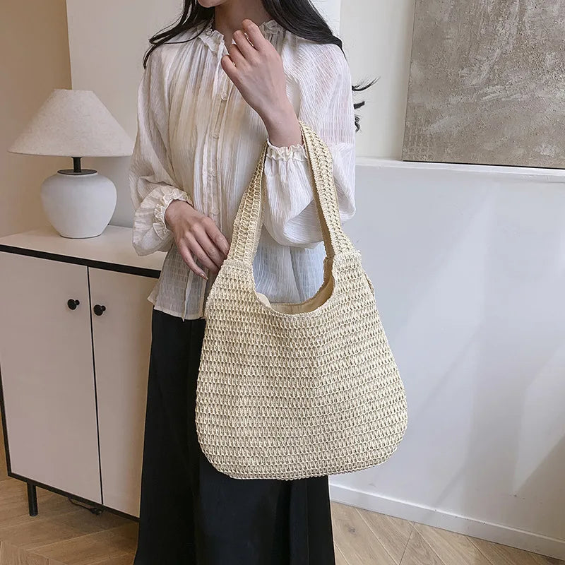 Solid Woven Tote Bag Hollow Out Breathable Shopping Straw Lightweight