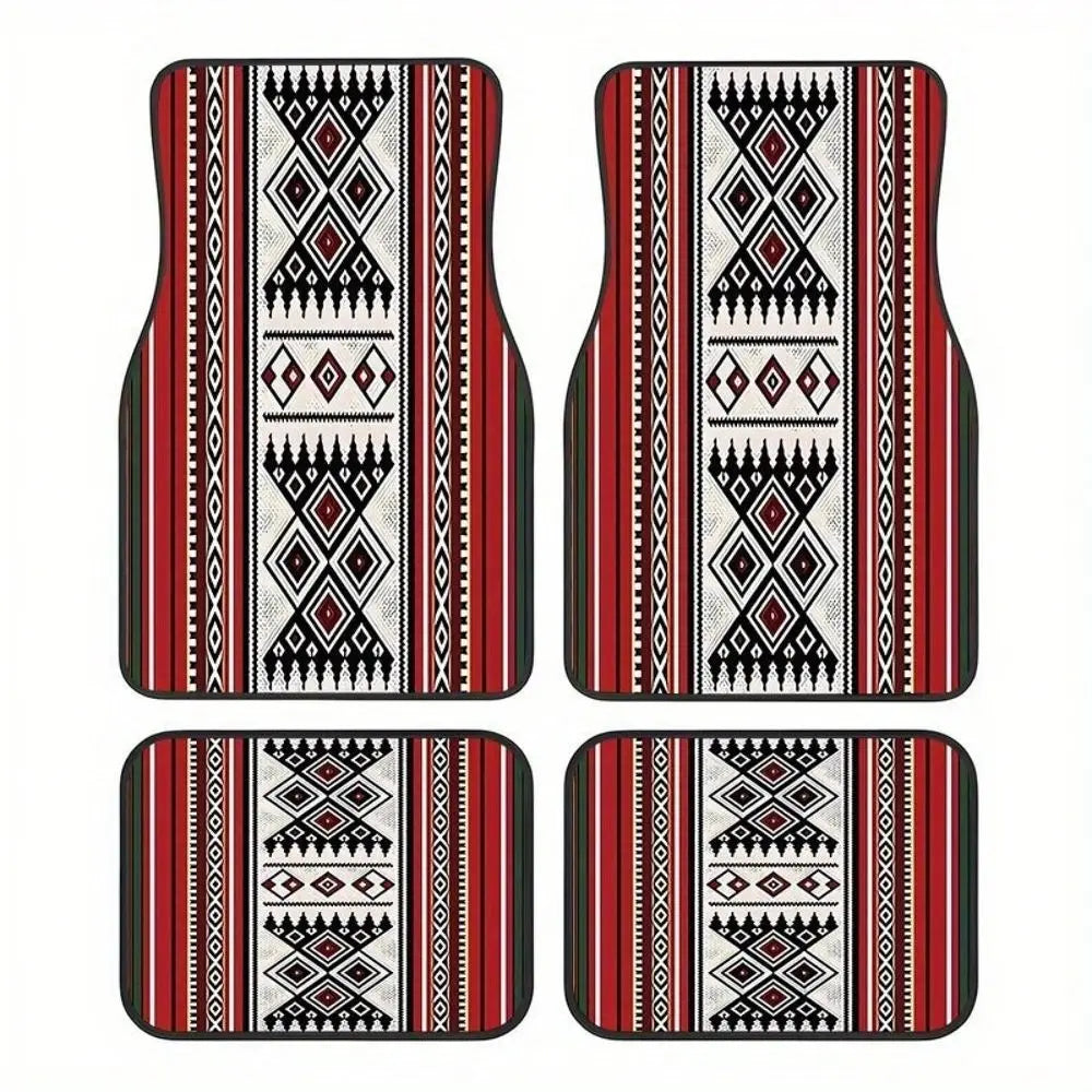 Set Of Bohemian Patterned Car Rubber Floor Mats, Universal NonSlip Carpet, EasyToClean Interior Accessories, Suitable For Front Vue United States as illustrated