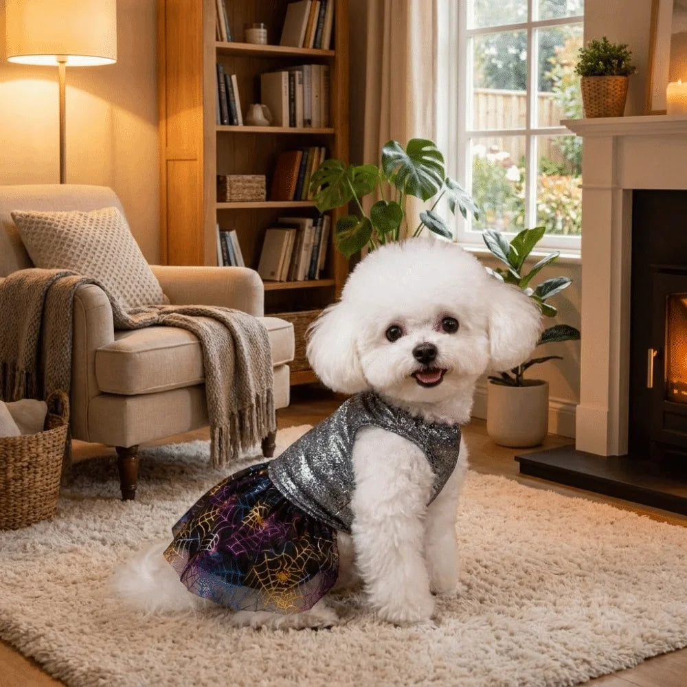 Breathable Halloween Pet Laser Dress Spider Web Pattern Soft Dog Shiny Dress Comfortable Halloween Dog Clothes Halloween Party Vue