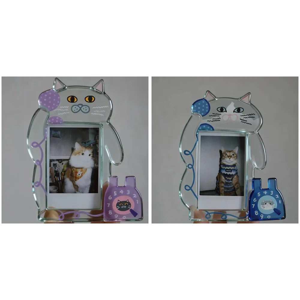Cute 3-inch Acrylic Cat Photo Frame Animal Shape Smooth Instant Photo Frame Transparent Cartoon Photo Collection Frame Office Vue 2PCS-SET