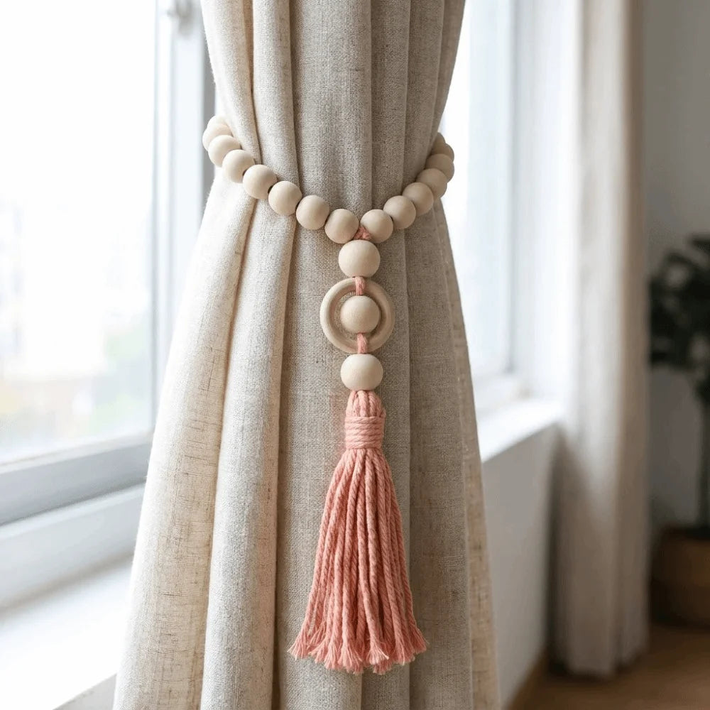Simple Rustic Wooden Beads Curtain Holdbacks Bohemian Style with Tassels Curtain Buckle Decorative Curtain Tape Farmhouse Style Vue
