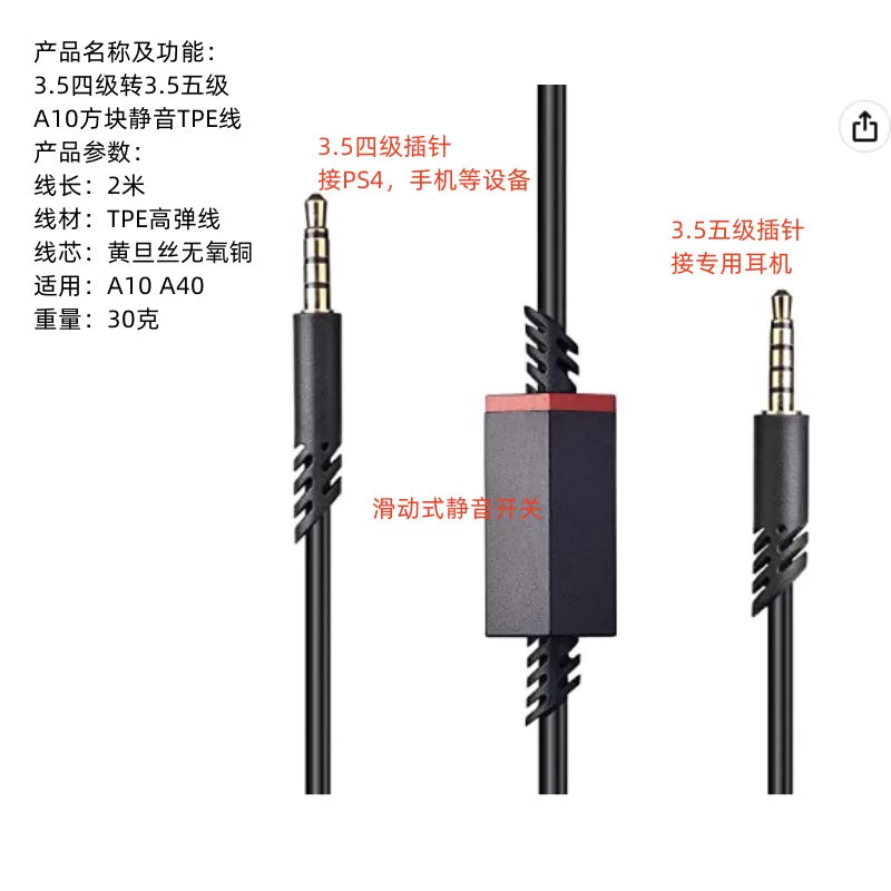 Replacement Audio Cable for Astro A10 A30 A40 A50 Gaming Headsets Braided Cable with Mute Slider Inline Control Aux Cord Vue