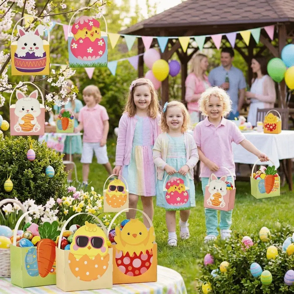 6pcs Cartoon Easter Bunny Candy Boxes with Handle Egg Rabbit Carrot Basket Gift Box DIY Box Handmade Easter Paper Boxes Vue