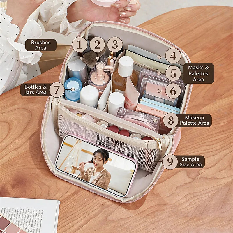 Standing Makeup Brushes Storage Bag Large Capacity Semi-PU Cosmetic Tools Organizer Multifunctional Travel Toiletry Organizer Vue