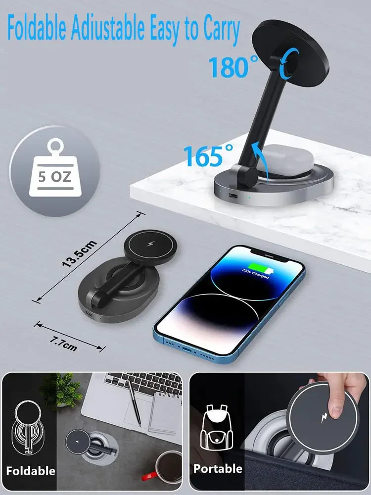 2 In 1 Magnetic Wireless Charger Stand Pad Foldable Charging Station For iPhone 15 14 13 12 Pro Max Apple Watch 8 7 Airprods Pro Vue
