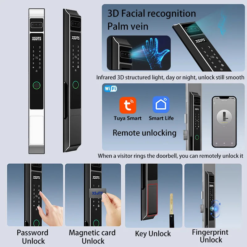 3D Face Palm Vein Tuya WiFi Electronic Smart Door Lock Password Key Fingerprint Aluminum Glass Sliding Door Waterproof Outdoor Vue