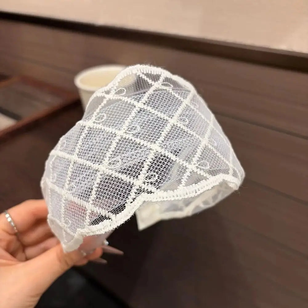 Elegant Lace Headband Mesh Wide Band Bohemian Headwrap Solid White Vue