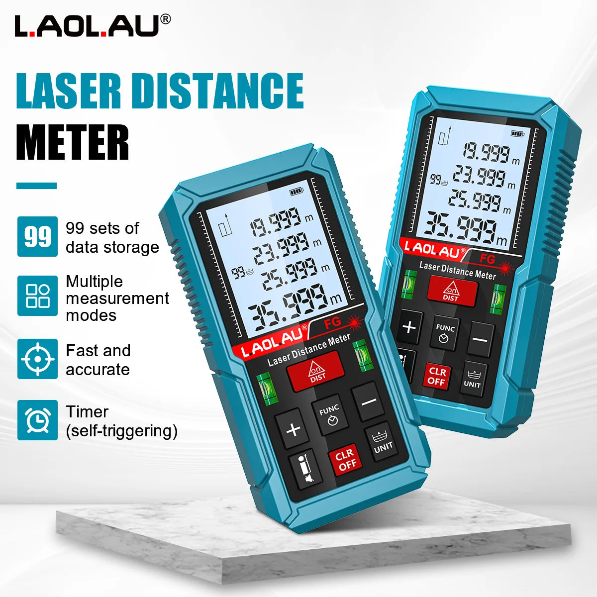 Laser Meter Digital Tape Timer Trigger Measure Tools 50m 100m 150m Laser Distance Meter Bubble Level Handheld Laser Rangefinder Vue Blue 50m