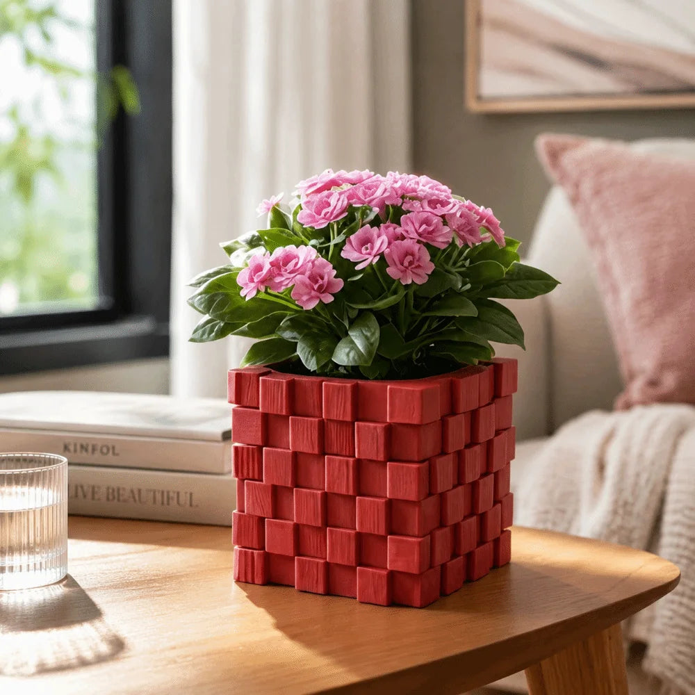 3D Printed Cube Flower Pot Creative Building Block Style Succulent Plant Pot Vase Modern Geometric Planter Office Desk Vue