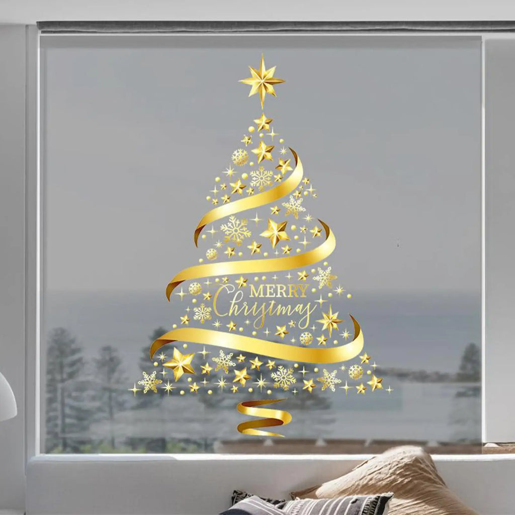 Christmas Window Clings Decor Golden Tree Static Stickers for Doors & Windows Apply & Remove, for Fun Holiday Decor for Home Vue