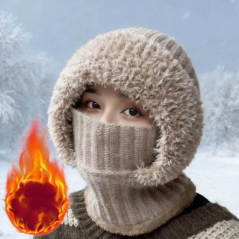 Autumn and Winter Women Fleece Lined Knitted Hat Scarf Mask One Piece Full Face Protection Windproof Thick Warm Hood Vue