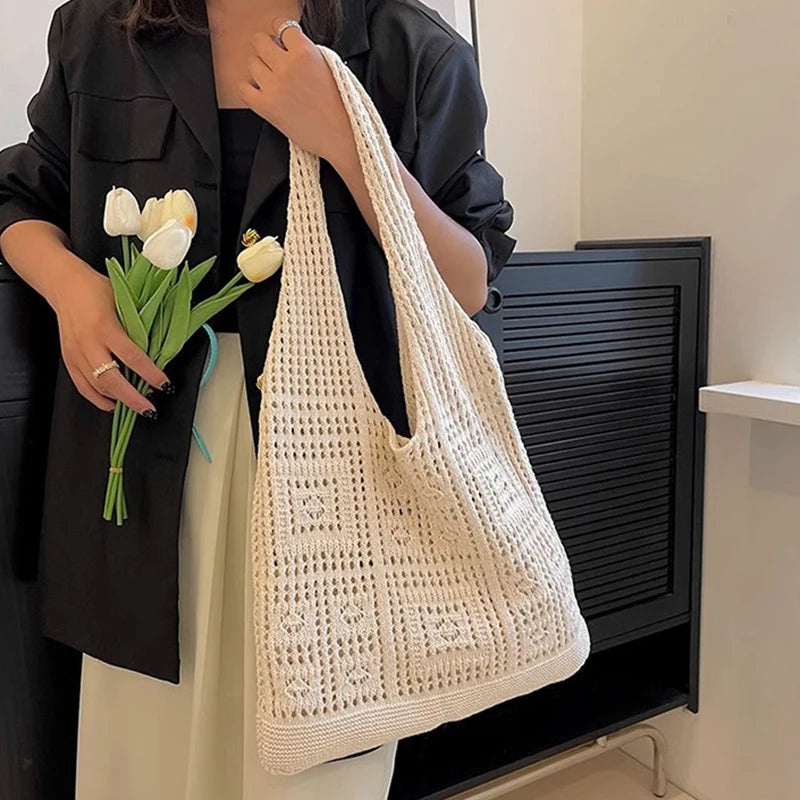 Handwoven Beach Crochet Bag Women Lightweight Knitted Tote Handbag