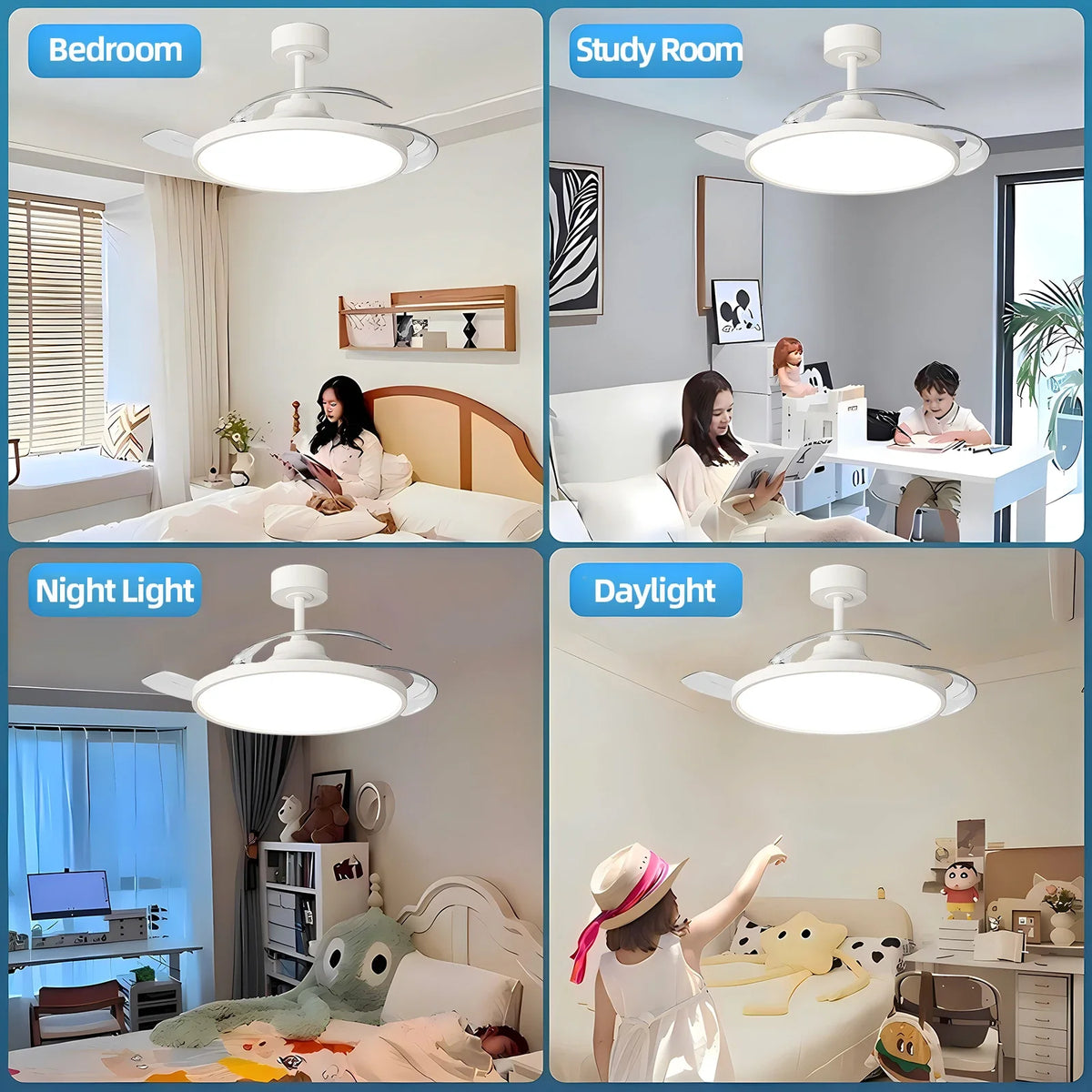 48W Fan Light 52CM Electric Fan Silent Retractable Blade Suitable For E27 Base With Remote Control Room Lighting Vue