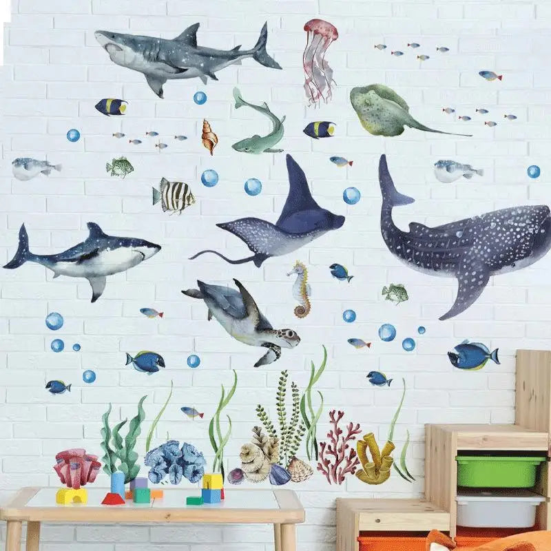 Watercolor Ocean Shark Wall Decals Marine Fish Stickers Removable for Kids Nursery Sea Animal Themed Room Decor Vue