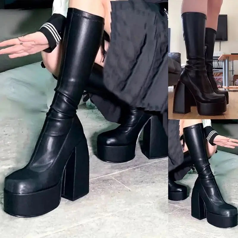 Women's Square Toe Block Heel Platform Boots | Black Platform Heel Boots Vue
