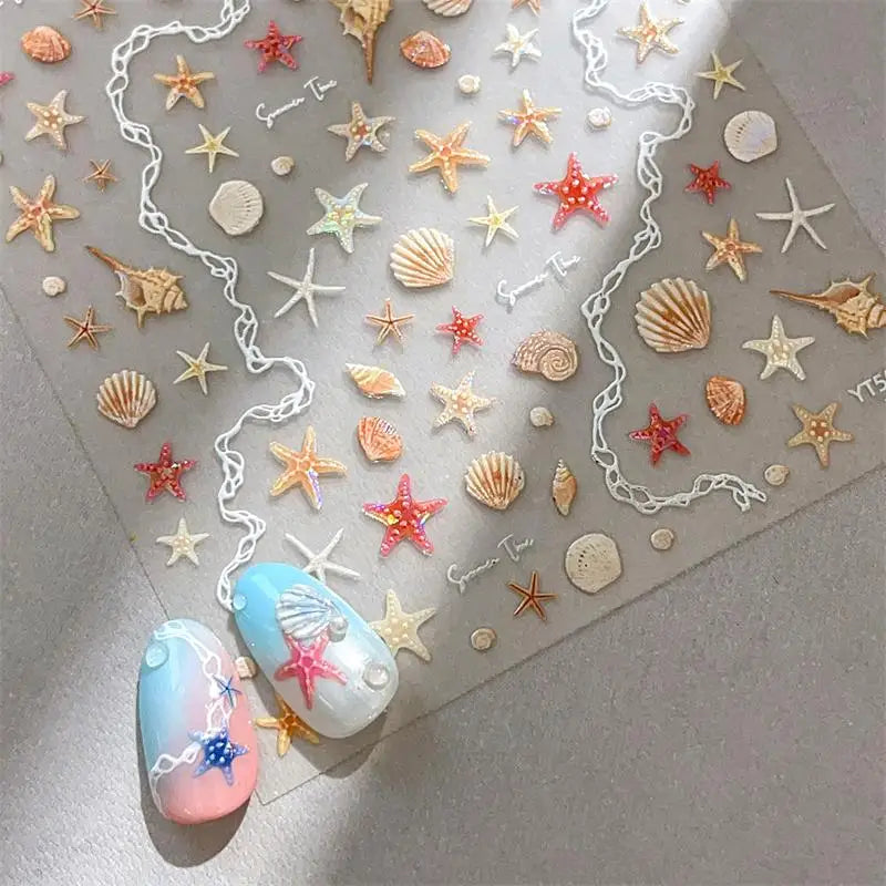 1 Sheet 5D Summer Seashell Nail Sticker Shiny Embossed Starfish Nails Stickers Summer Beach Sea Conch Nail Decals Decoration Vue