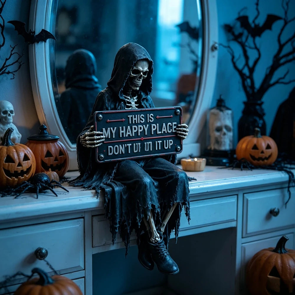 Grim Reaper Skeleton Shelf Sitter Statue | Gothic Halloween Decor Resin Shelf Sitter Statue Vue
