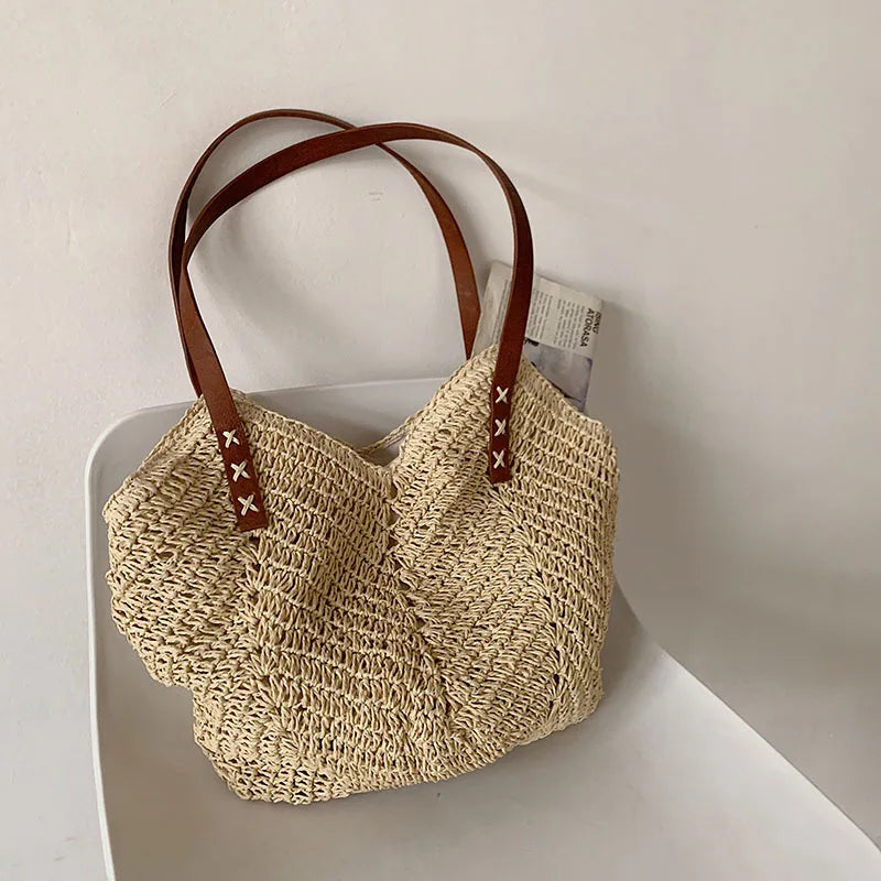 Summer Bucket Straw Bags Women Rattan Shoulder Bag Handmade Woven