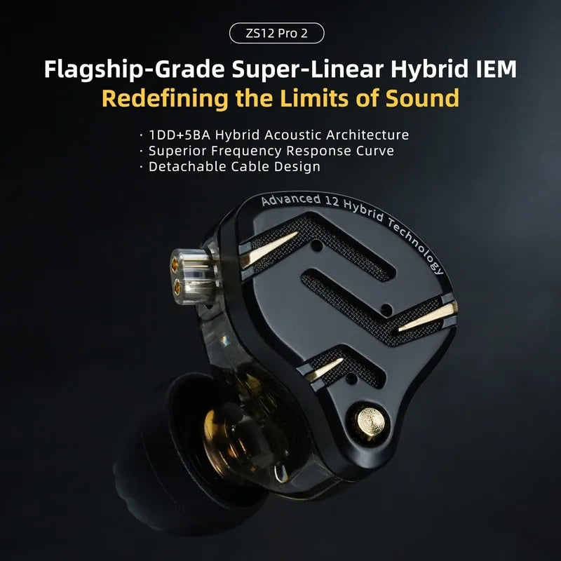 KZ ZS12 Pro 2 Hybrid HiFi In-Ear Earphones 1DD+5BA Hybrid IEM Earphones Vue