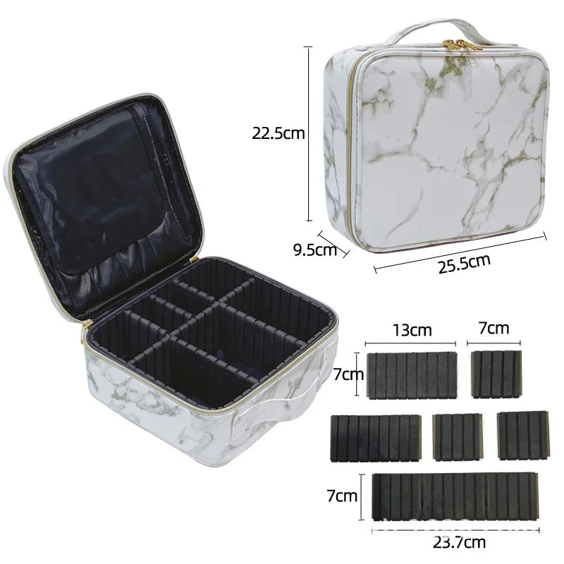 PU Makeup Bag Marble Pattern Portable Large Capacity Makeup Storage Bag Multi functional Travel Makeup Toolbox Vue White