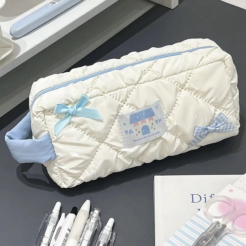 Blue White Bow Pencil Case Large Capacity Cute Stationery Bag Girls Cosmetic Travel Storage Bag Vue