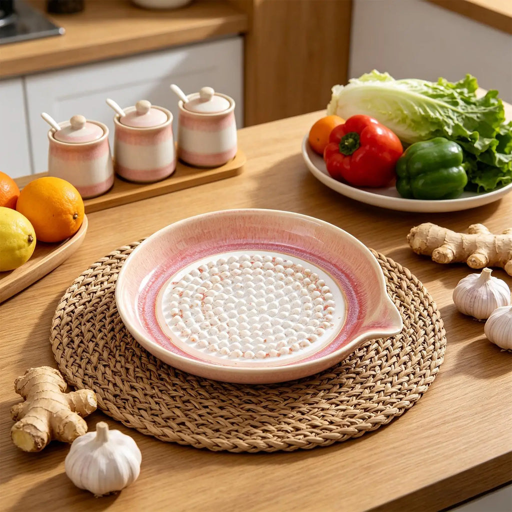 Handmade Ceramic Multifunctional Garlic Grater Plate, Kitchen Tool for Ginger, Onion & Chocolate, Durable Dish for Home Cooking Vue