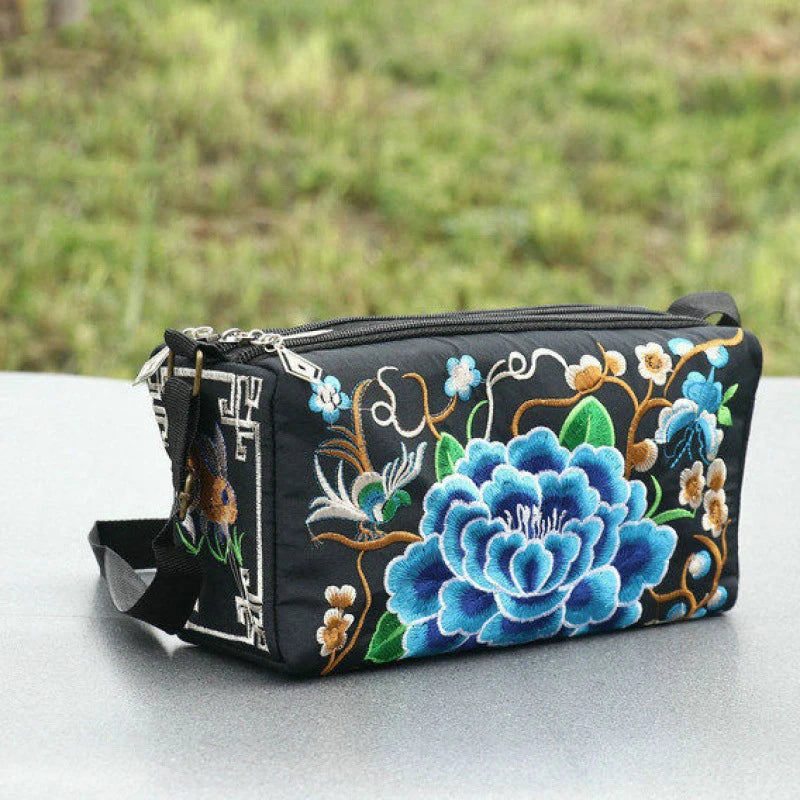 Women's Embroidered Flowers Canvas Shoulder Crossbody Bag Ladies Vue blue 25x9x12cm