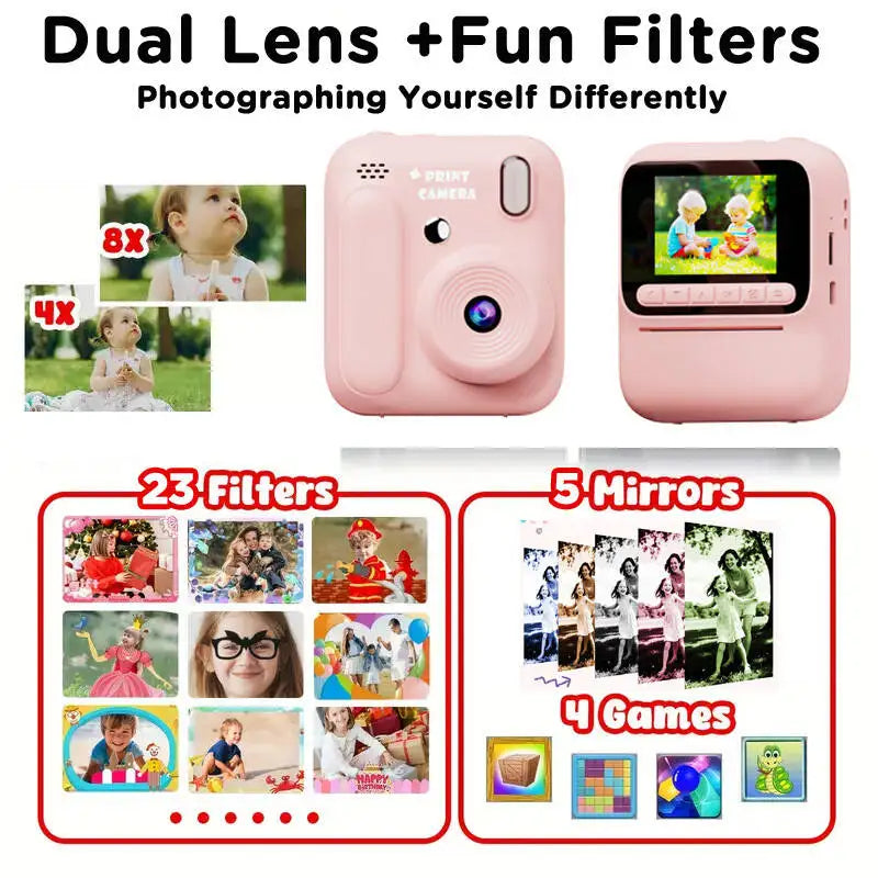 Kids Instant Printing Camera 5 Color Printing Camera 1080P Thermal Paper Print Print Photo Video Games Children Boys Gilrls Gift Vue