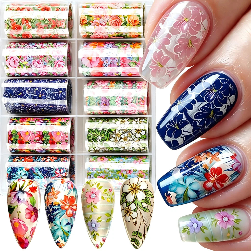 10 Rolls Colorful Rose Flower Nail Foil Transfer Sticker Chinese Character Design Elegant Lace Floral for Spring Nail Decor Vue A