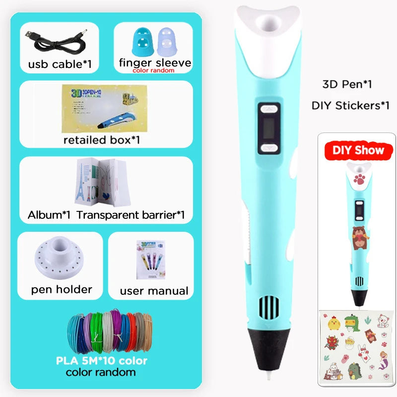 40 Colors 3D Printing Pen Kids 1.75mm PLA Filaments Children 3D Doodle Pen DIY Drawing Pens Boys Girls Birthday Gifts Vue blue pen add 50M PLA Filagment