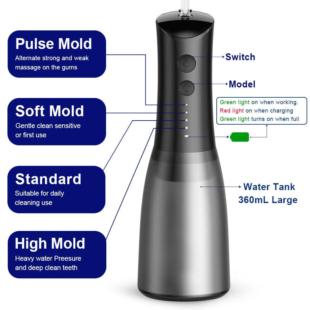 Portable Oral Irrigator Water Dental Flosser Teeth Picks Rechargeable 360ml Mouth Washing Machine 5 Nozzles Waterproof Oral Care Vue
