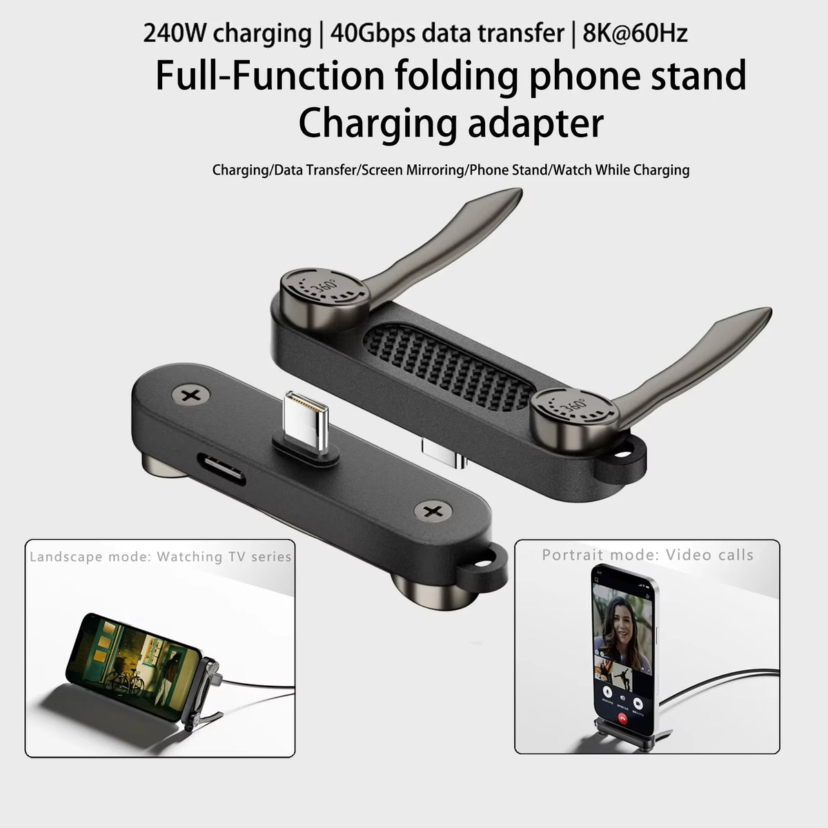 240W Fast Charging USB-C Adapter 40Gbps High Speed Data Transfer 8K 60Hz Video Casting Converter Foldable Phone Stand for Iphone Vue