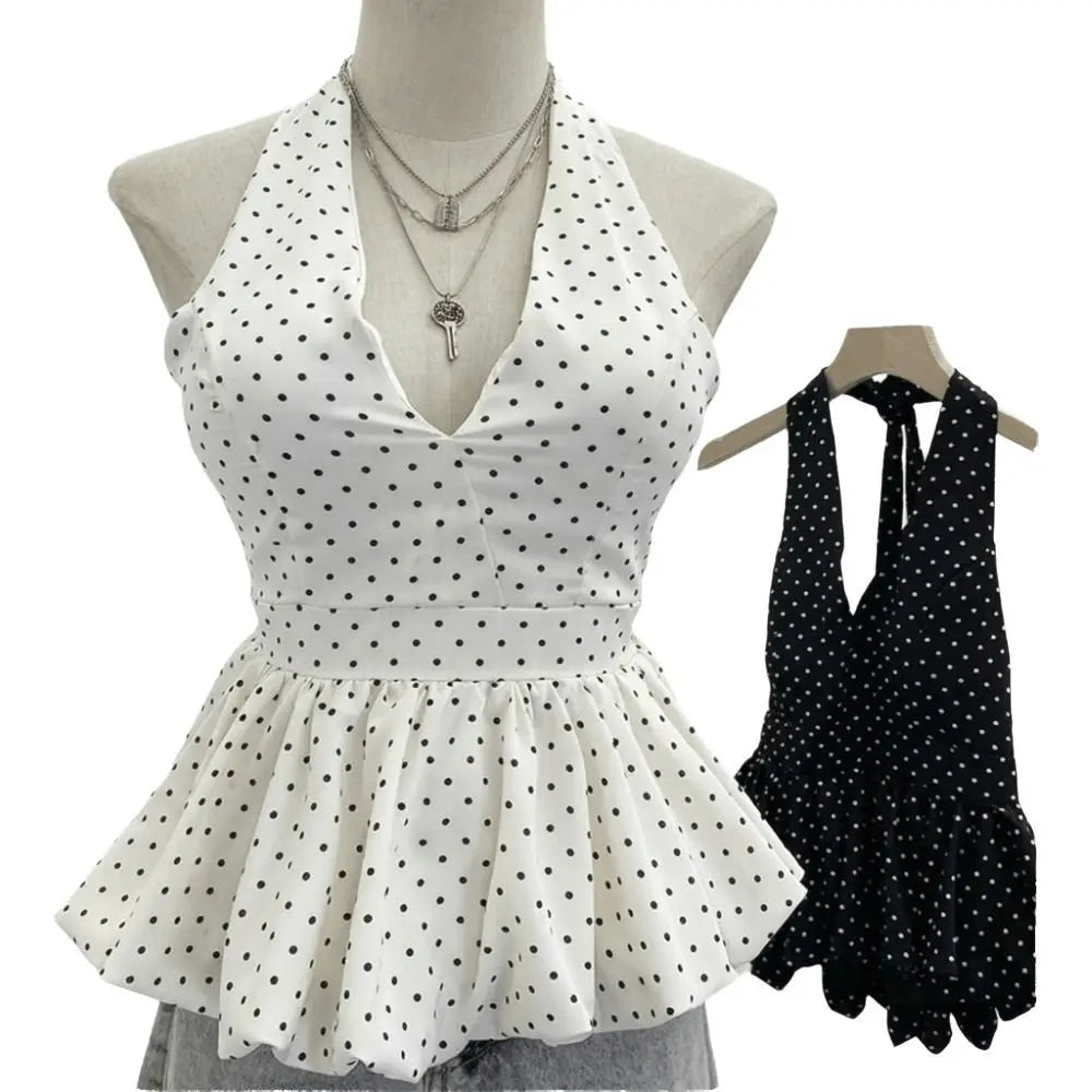 Casual Neck Hanging Backless Crop Dot Pattern Basic Halter Open Back