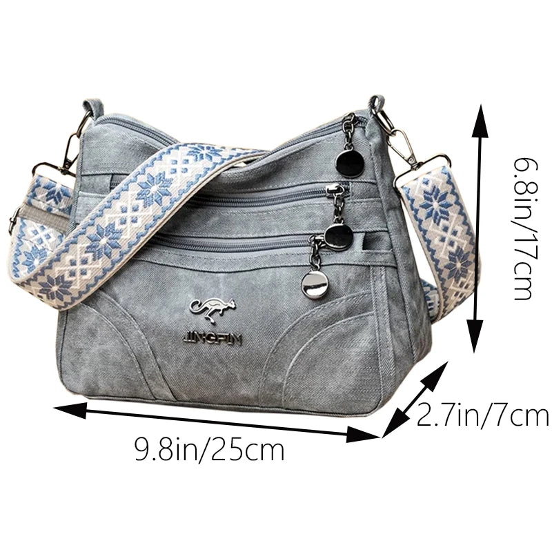 Women Vintage Grey Canvas Shoulder Bag Multi Pocket Crossbody